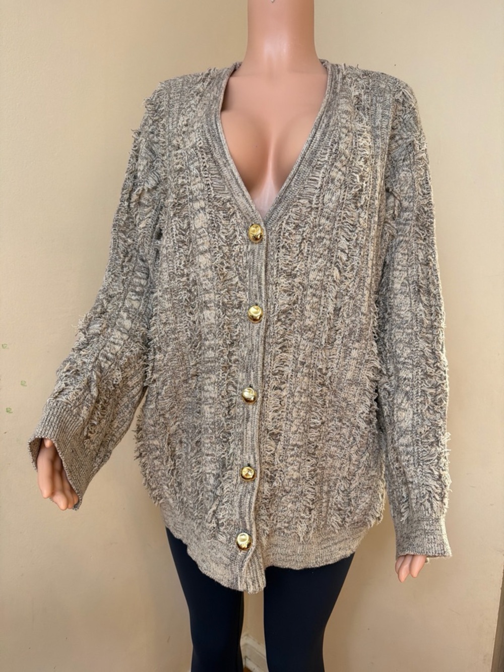 Textured Beige Button-Front Women’s Cardigan Sweater